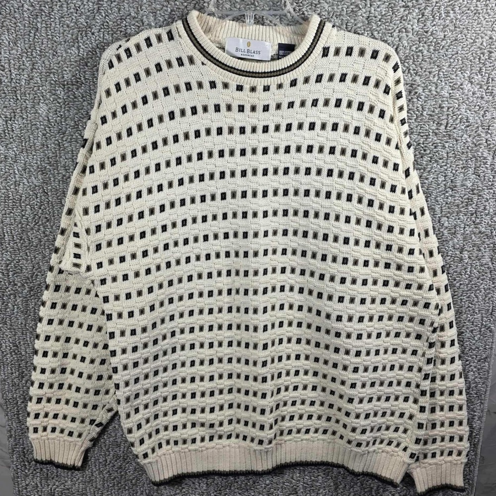 Bill Blass Sweater Cream Black‎ Patterned Mens Medium Cotton